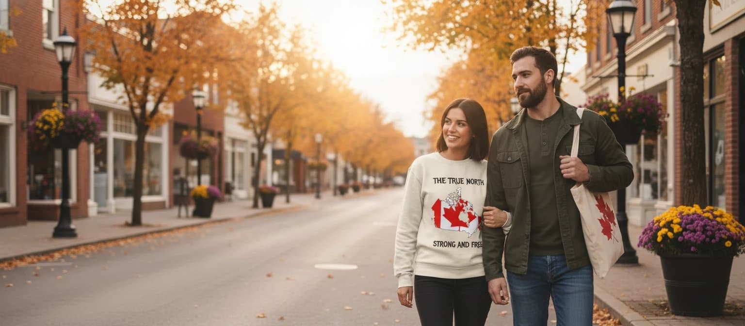 Couple strolling through a Canadian town wearing Only Canada apparel